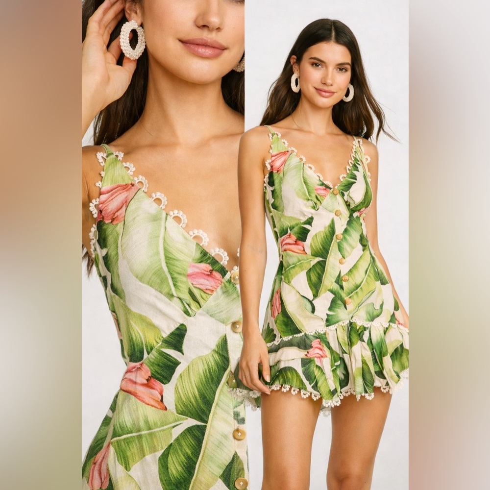 FARM RIO Tropical Leaf Print Linen Dress XS Vacay Resort Wear Summer Boho
